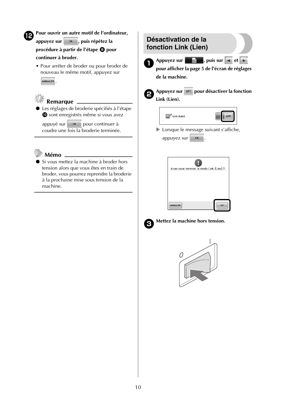 Désactivation de la fonction link (lien), Remarque, Mémo | Baby Lock Endurance (Previous Model) (BND9) Instruction Book Addendum User Manual | Page 24 / 40