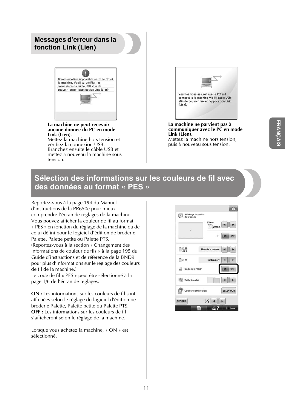 Messages d’erreur dans la fonction link (lien) | Baby Lock Endurance (Previous Model) (BND9) Instruction Book Addendum User Manual | Page 25 / 40