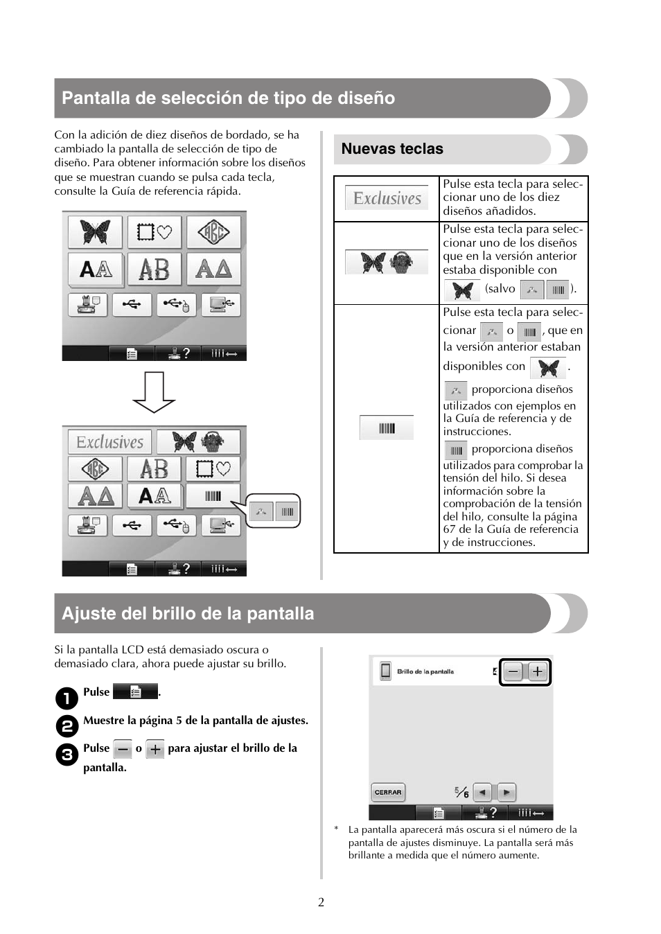 Pantalla de selección de tipo de diseño, Ajuste del brillo de la pantalla, Nuevas teclas | Baby Lock Endurance (Previous Model) (BND9) Instruction Book Addendum User Manual | Page 28 / 40
