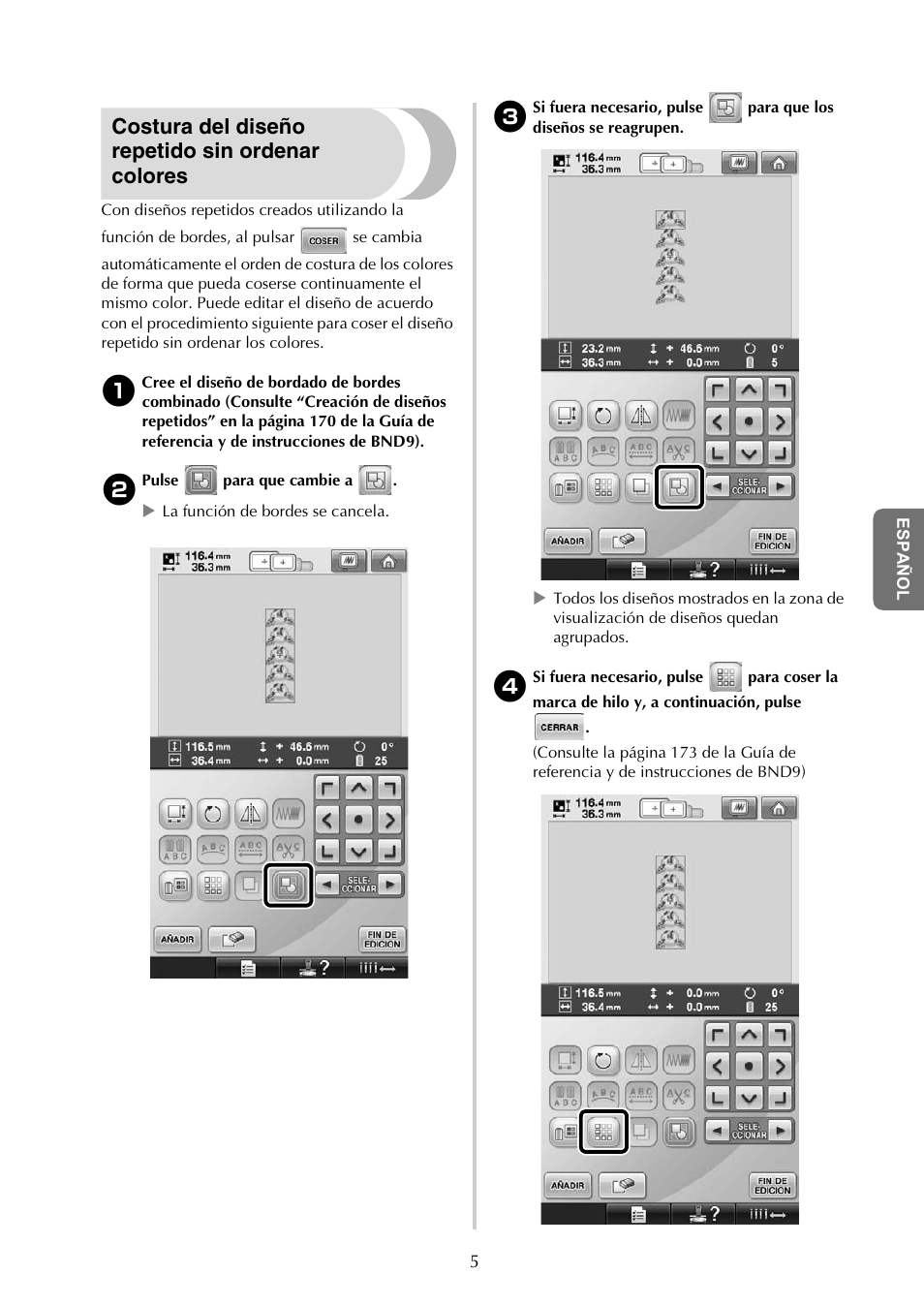 Costura del diseño repetido sin ordenar colores | Baby Lock Endurance (Previous Model) (BND9) Instruction Book Addendum User Manual | Page 31 / 40