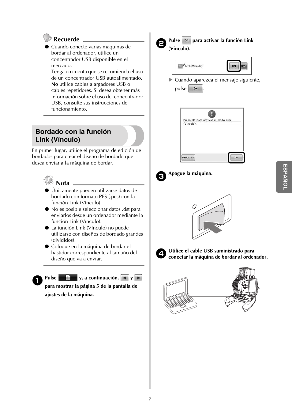Bordado con la función link (vínculo), Recuerde, Nota | Baby Lock Endurance (Previous Model) (BND9) Instruction Book Addendum User Manual | Page 33 / 40