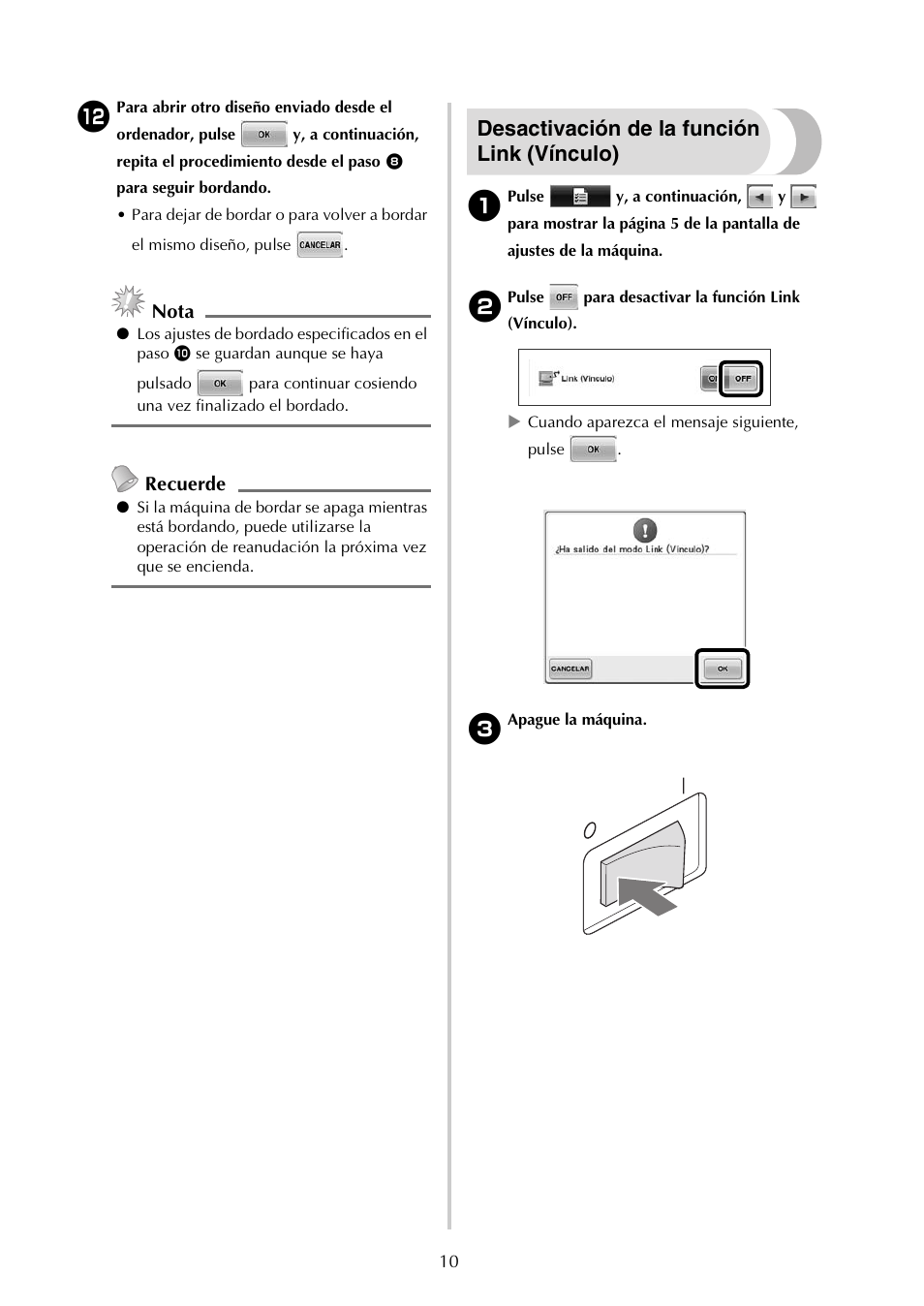 Desactivación de la función link (vínculo), Nota, Recuerde | Baby Lock Endurance (Previous Model) (BND9) Instruction Book Addendum User Manual | Page 36 / 40