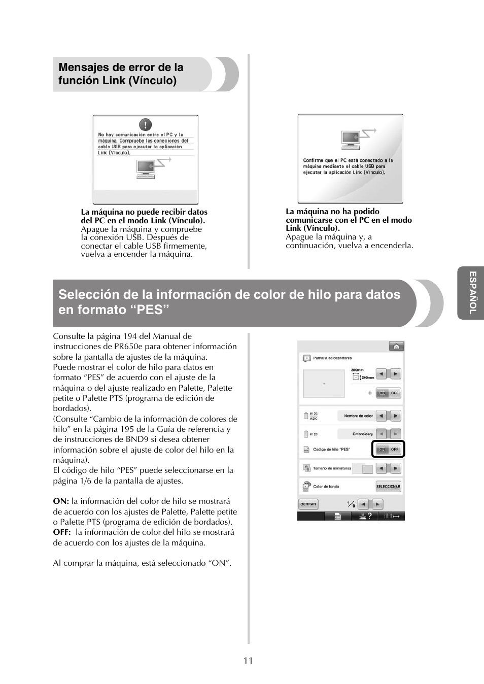 Mensajes de error de la función link (vínculo) | Baby Lock Endurance (Previous Model) (BND9) Instruction Book Addendum User Manual | Page 37 / 40