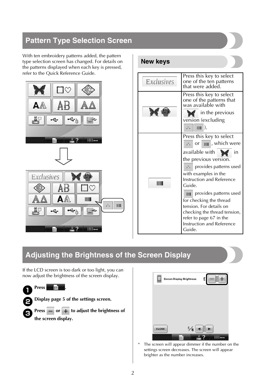 Pattern type selection screen, Adjusting the brightness of the screen display, New keys | Baby Lock Endurance (Previous Model) (BND9) Instruction Book Addendum User Manual | Page 4 / 40
