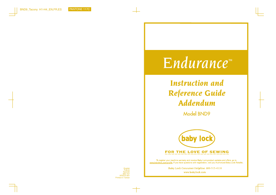 Baby Lock Endurance (Previous Model) (BND9) Instruction Book Addendum User Manual | Page 40 / 40