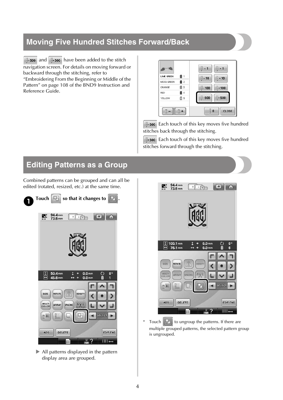 Moving five hundred stitches forward/back, Editing patterns as a group | Baby Lock Endurance (Previous Model) (BND9) Instruction Book Addendum User Manual | Page 6 / 40