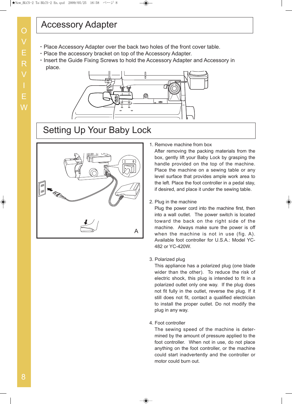 Setting up your baby lock, Accessory adapter | Baby Lock Cover Stitch (BLCS-2) Instruction and Reference Guide User Manual | Page 10 / 44