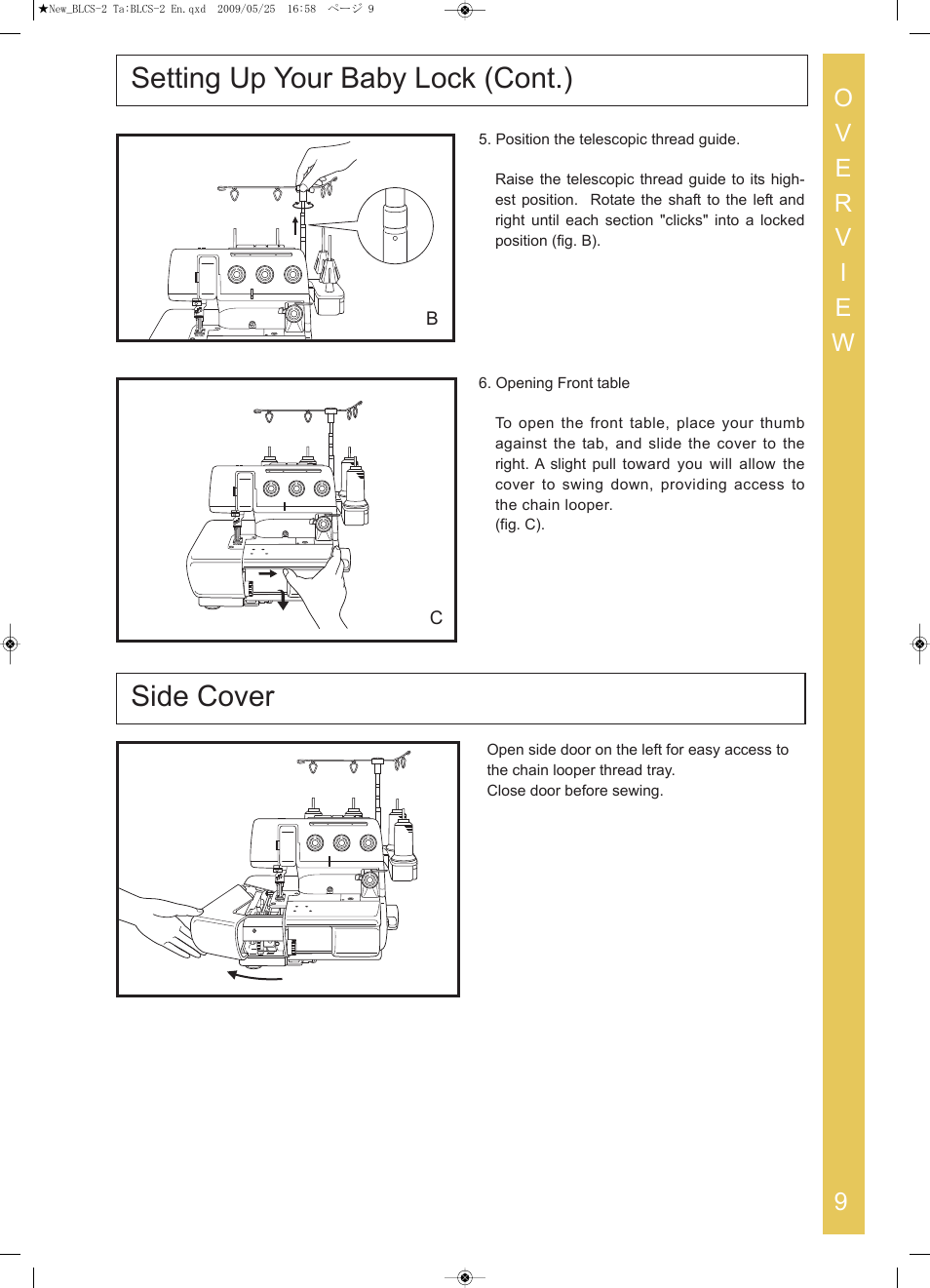 Setting up your baby lock (cont.), Side cover | Baby Lock Cover Stitch (BLCS-2) Instruction and Reference Guide User Manual | Page 11 / 44