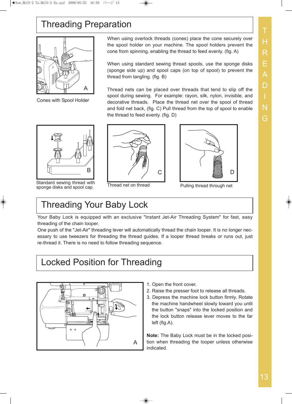 Threading preparation, Threading your baby lock, Locked position for threading | Baby Lock Cover Stitch (BLCS-2) Instruction and Reference Guide User Manual | Page 15 / 44