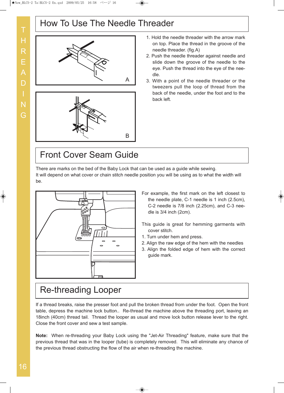 How to use the needle threader, Front cover seam guide, Re­threading looper | Baby Lock Cover Stitch (BLCS-2) Instruction and Reference Guide User Manual | Page 18 / 44