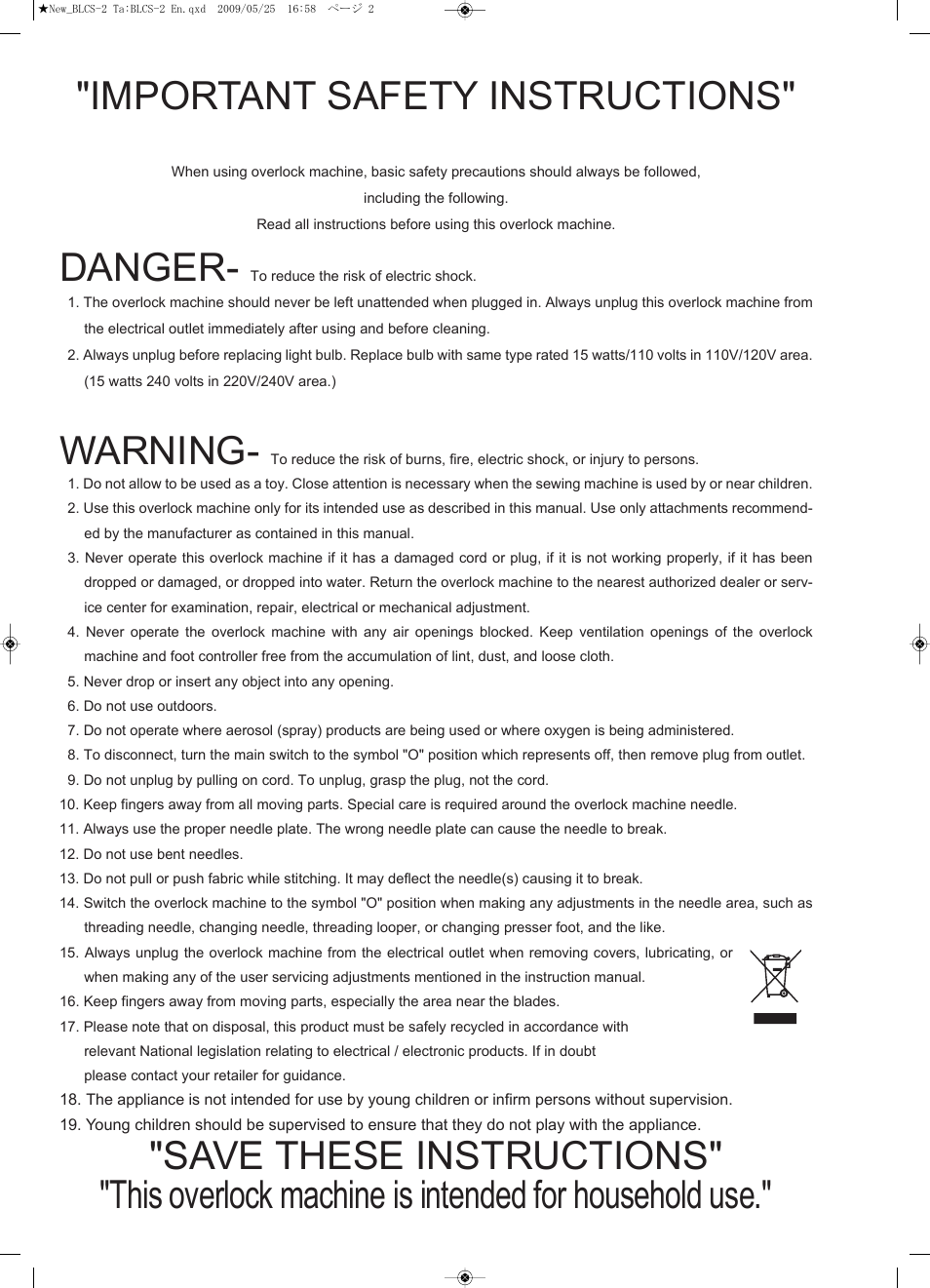 Important safety instructions, Danger, Warning | Baby Lock Cover Stitch (BLCS-2) Instruction and Reference Guide User Manual | Page 2 / 44