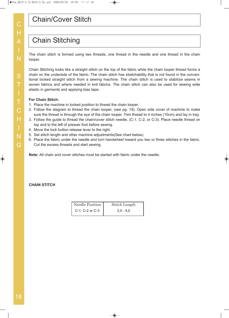 Chain/cover stitch, Chain stitching | Baby Lock Cover Stitch (BLCS-2) Instruction and Reference Guide User Manual | Page 20 / 44