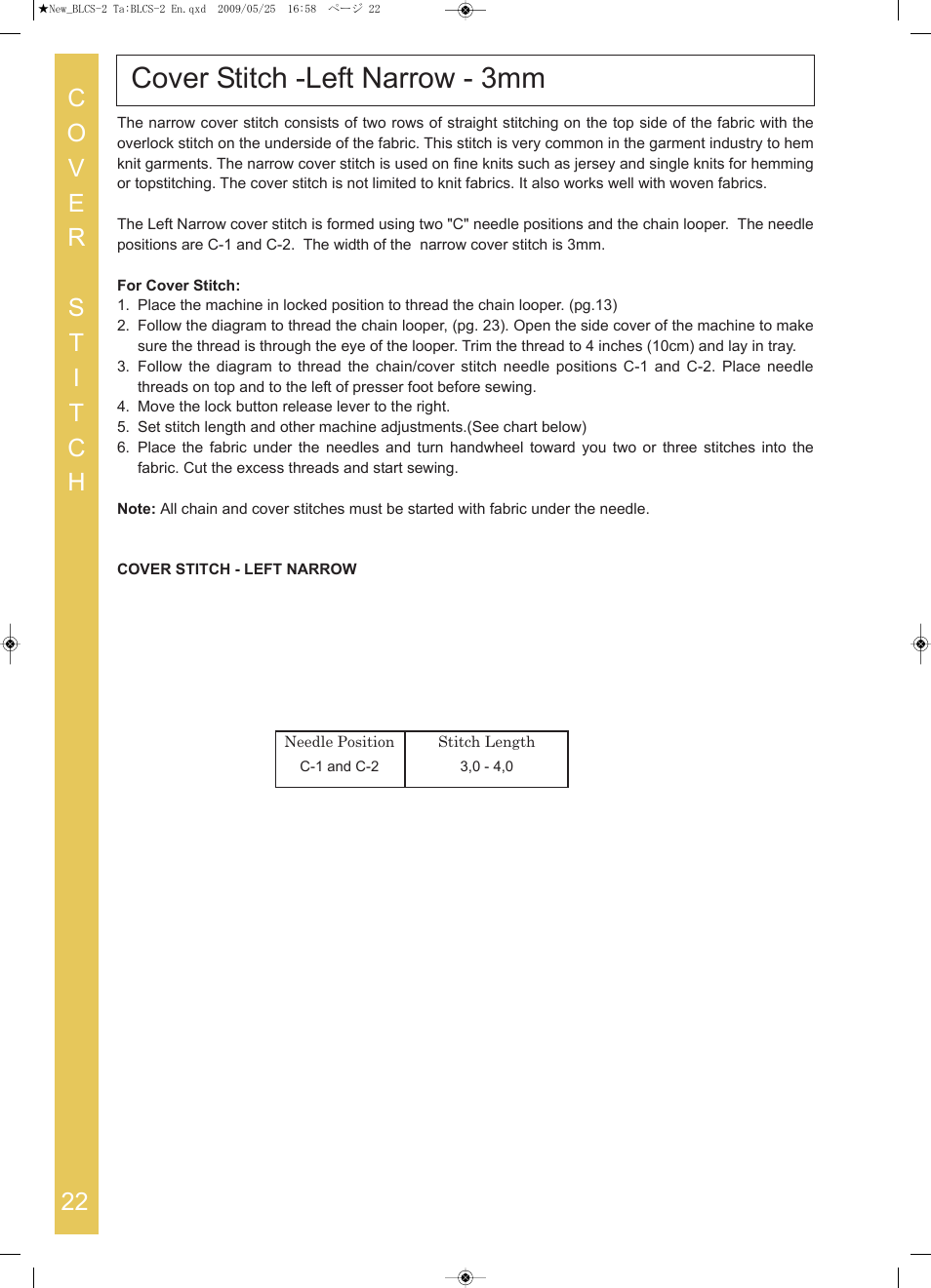 Cover stitch ­left narrow ­ 3mm | Baby Lock Cover Stitch (BLCS-2) Instruction and Reference Guide User Manual | Page 24 / 44