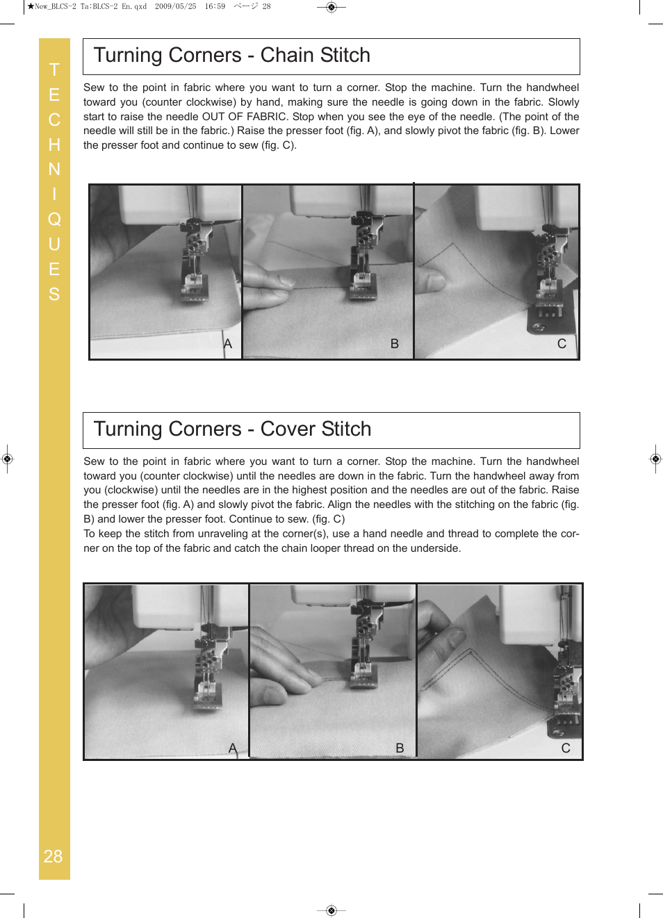 Turning corners ­ chain stitch, Turning corners ­ cover stitch | Baby Lock Cover Stitch (BLCS-2) Instruction and Reference Guide User Manual | Page 30 / 44