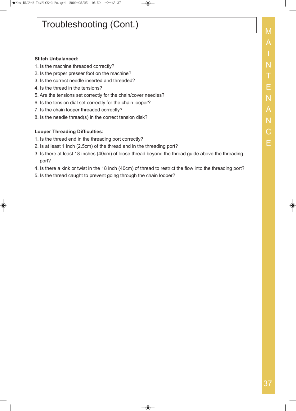 Troubleshooting (cont.) | Baby Lock Cover Stitch (BLCS-2) Instruction and Reference Guide User Manual | Page 39 / 44