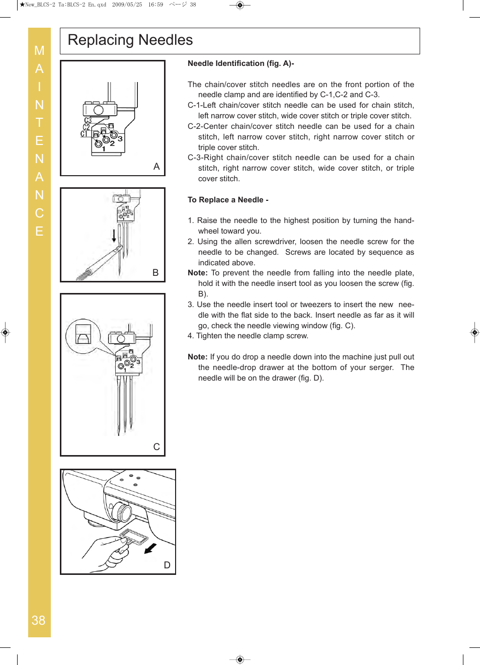 Replacing needles | Baby Lock Cover Stitch (BLCS-2) Instruction and Reference Guide User Manual | Page 40 / 44