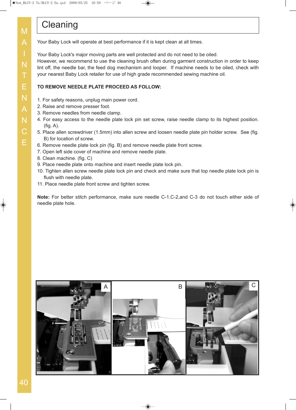 Cleaning | Baby Lock Cover Stitch (BLCS-2) Instruction and Reference Guide User Manual | Page 42 / 44