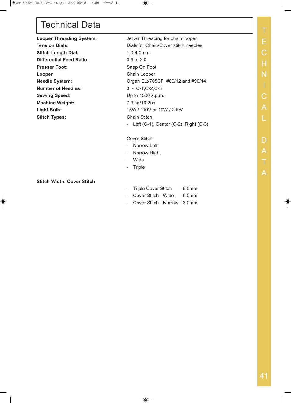 Technical data | Baby Lock Cover Stitch (BLCS-2) Instruction and Reference Guide User Manual | Page 43 / 44