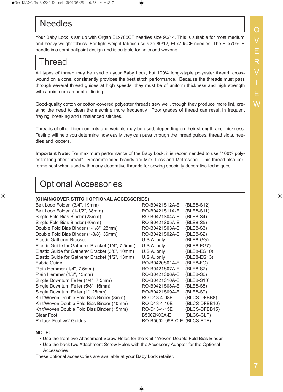 Needles thread, Optional accessories | Baby Lock Cover Stitch (BLCS-2) Instruction and Reference Guide User Manual | Page 9 / 44