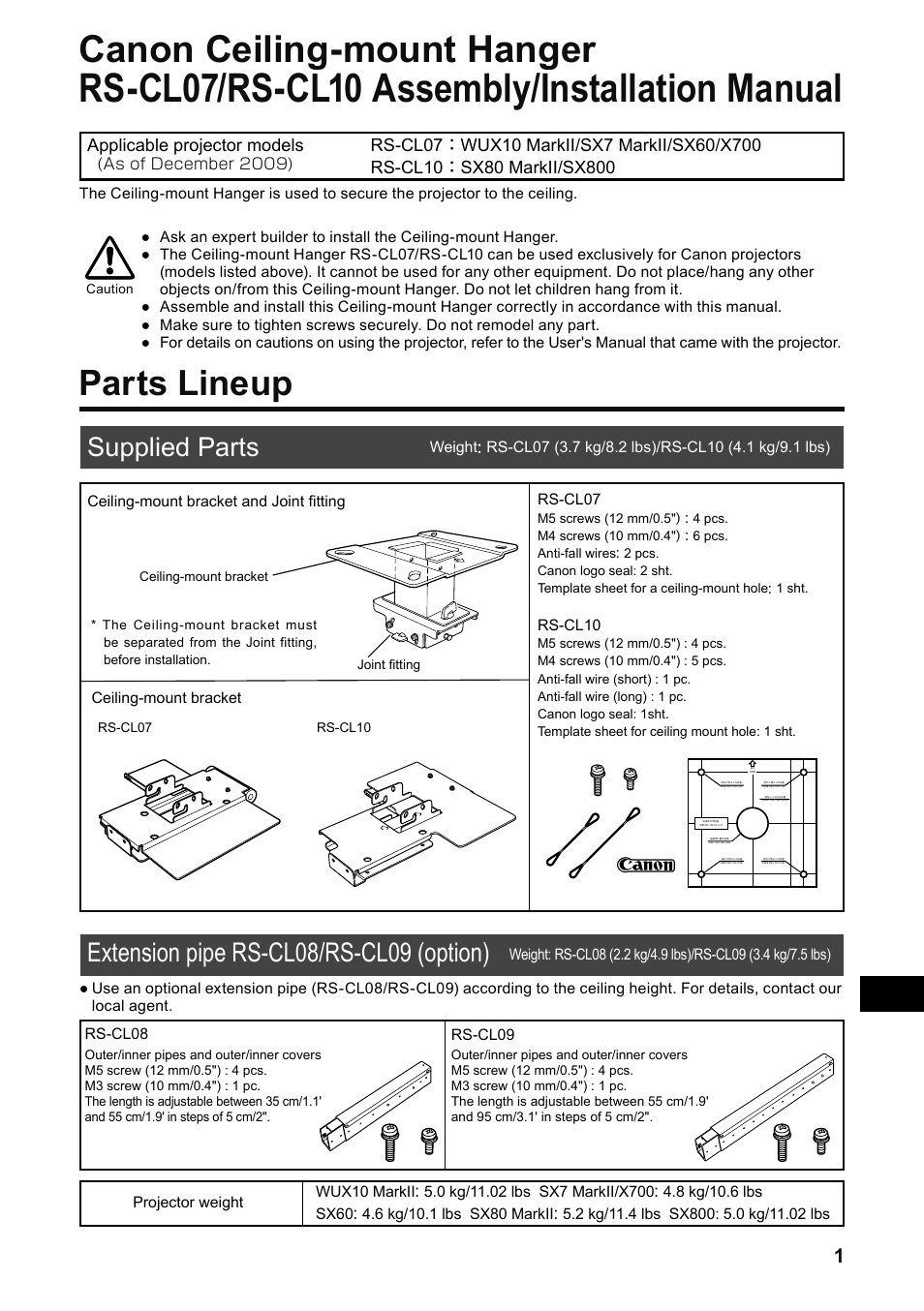 Parts lineup, Supplied parts, Extension pipe rs-cl08/rs-cl09 (option) | Rs-cl0/rs-cl0 assembly/installation manual, Canon ceiling-mount hanger | Canon RS-CL07 User Manual | Page 14 / 86