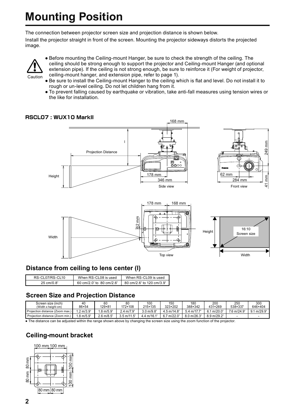 Mounting position, Screen size and projection distance, Distance from ceiling to lens center (l) | Ceiling-mount bracket | Canon RS-CL07 User Manual | Page 15 / 86