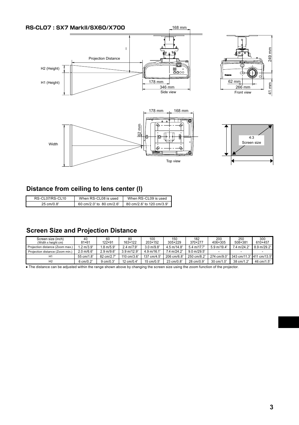 Screen size and projection distance, Distance from ceiling to lens center (l) | Canon RS-CL07 User Manual | Page 16 / 86