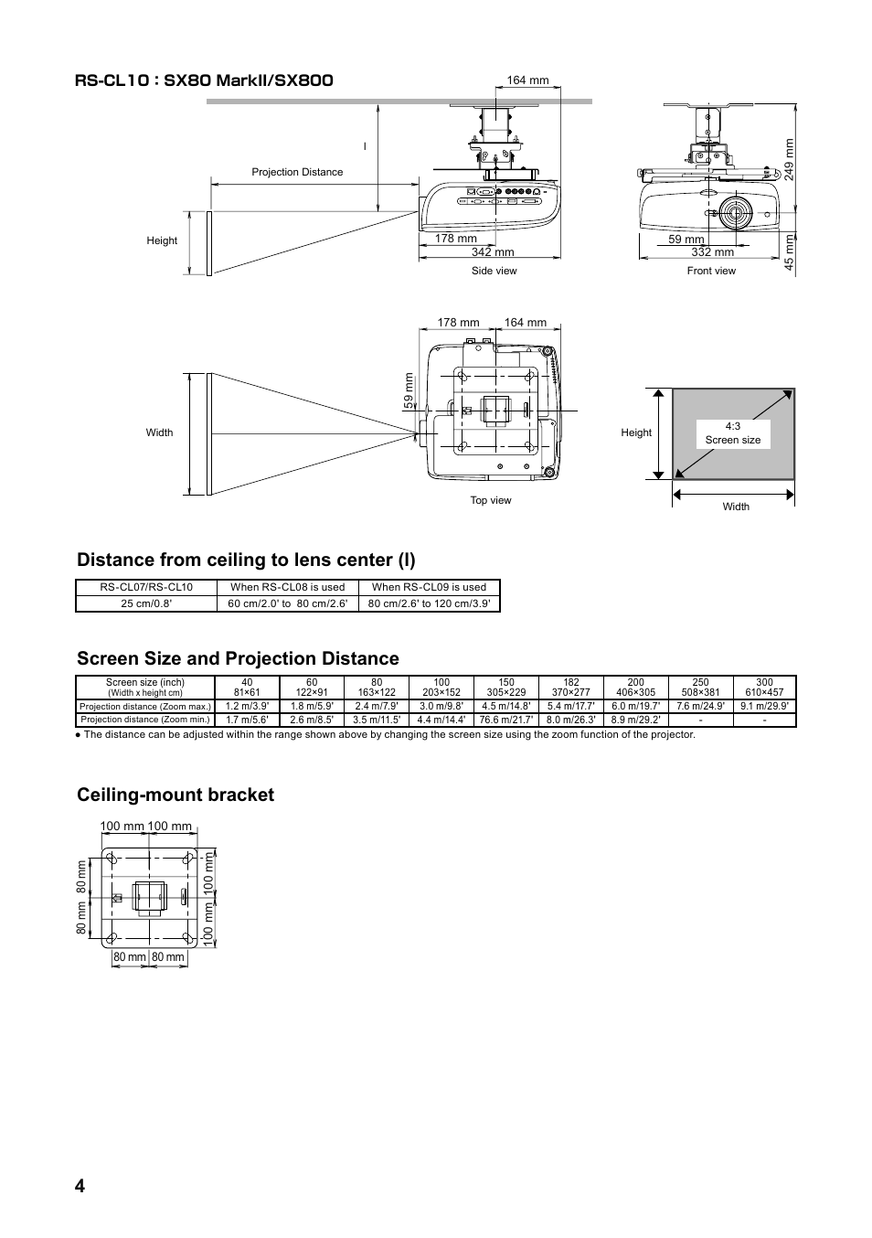 Screen size and projection distance, Distance from ceiling to lens center (l), Ceiling-mount bracket | Canon RS-CL07 User Manual | Page 17 / 86