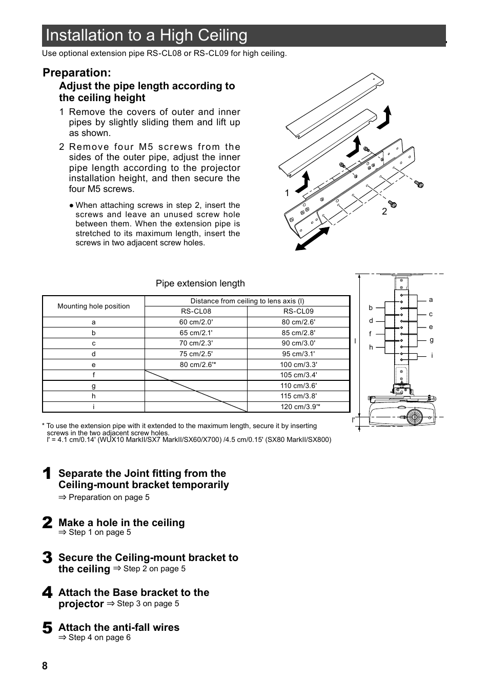 Installation to a high ceiling, Preparation, Make a hole in the ceiling | Secure the ceiling-mount bracket to the ceiling, Attach the base bracket to the projector, Attach the anti-fall wires | Canon RS-CL07 User Manual | Page 21 / 86