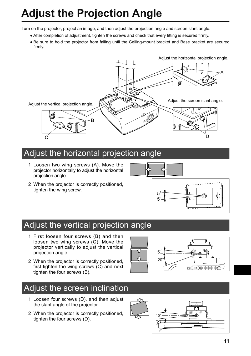 Adjust the projection angle, Adjust the horizontal projection angle, Adjust the vertical projection angle | Adjust the screen inclination | Canon RS-CL07 User Manual | Page 24 / 86