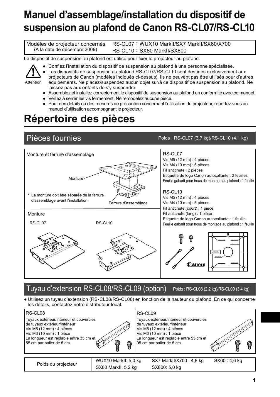 Répertoire des pièces, Pièces fournies, Tuyau d’extension rs-cl08/rs-cl09 (option) | Canon RS-CL07 User Manual | Page 26 / 86