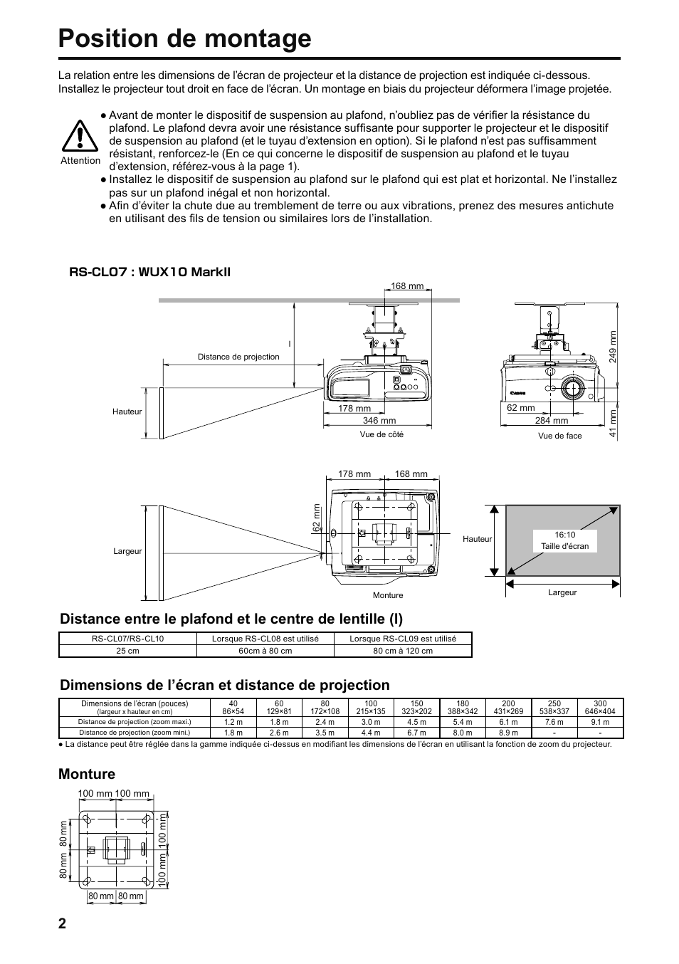 Position de montage, Dimensions de l’écran et distance de projection, Monture | Canon RS-CL07 User Manual | Page 27 / 86