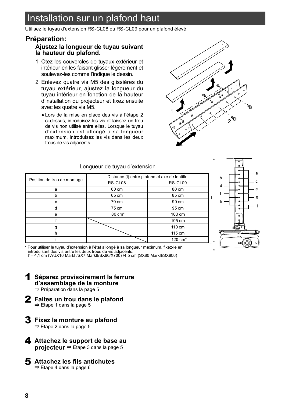 Installation sur un plafond haut, Préparation, Faites un trou dans le plafond | Fixez la monture au plafond, Attachez le support de base au projecteur, Attachez les fils antichutes | Canon RS-CL07 User Manual | Page 33 / 86