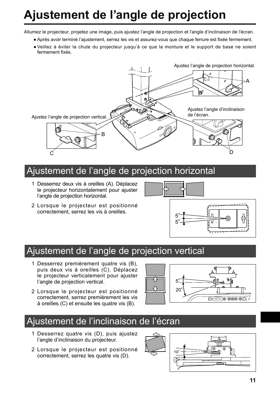 Ajustement de l’angle de projection, Ajustement de l’angle de projection horizontal, Ajustement de l’angle de projection vertical | Ajustement de l’inclinaison de l’écran | Canon RS-CL07 User Manual | Page 36 / 86