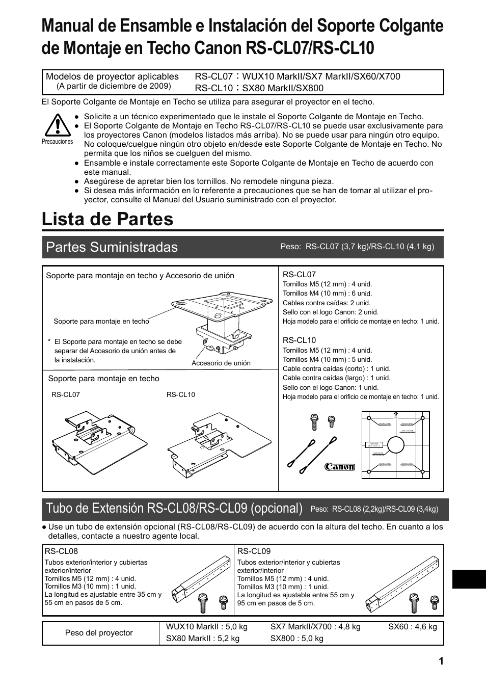 Lista de partes, Partes suministradas, Tubo de extensión rs-cl08/rs-cl09 (opcional) | Canon RS-CL07 User Manual | Page 38 / 86