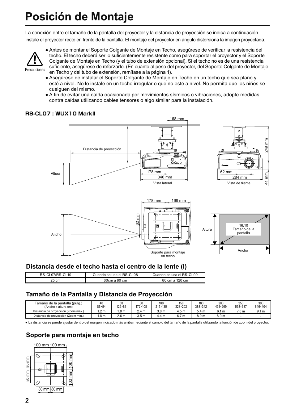 Posición de montaje, Tamaño de la pantalla y distancia de proyección, Soporte para montaje en techo | Canon RS-CL07 User Manual | Page 39 / 86