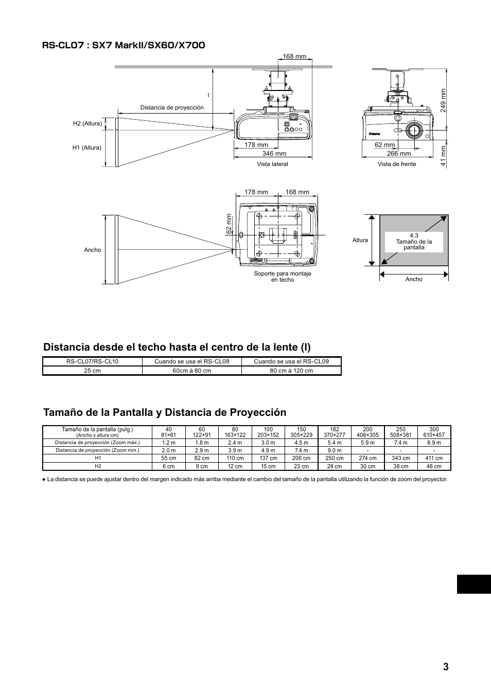 Tamaño de la pantalla y distancia de proyección | Canon RS-CL07 User Manual | Page 40 / 86