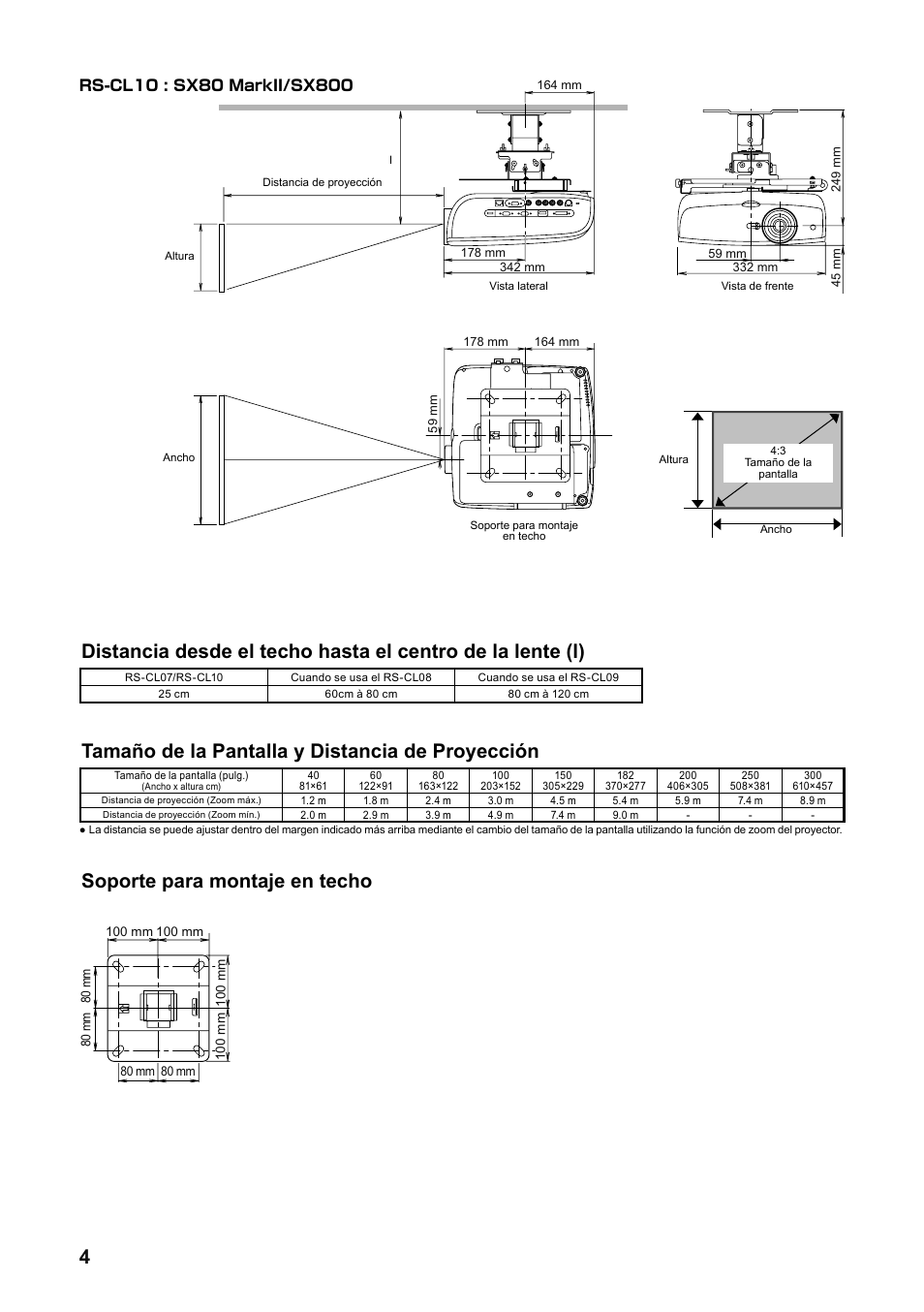 Tamaño de la pantalla y distancia de proyección, Soporte para montaje en techo | Canon RS-CL07 User Manual | Page 41 / 86