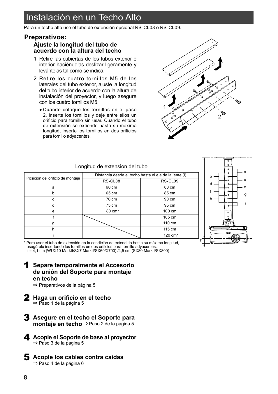 Instalación en un techo alto, Preparativos, Haga un orificio en el techo | Acople el soporte de base al proyector, Acople los cables contra caídas | Canon RS-CL07 User Manual | Page 45 / 86