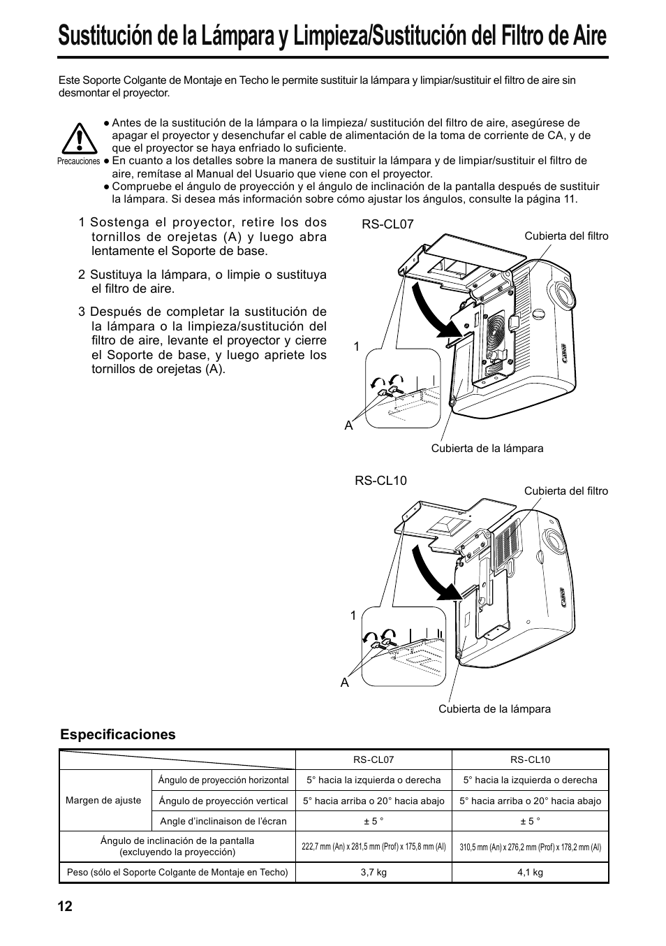 Especificaciones | Canon RS-CL07 User Manual | Page 49 / 86