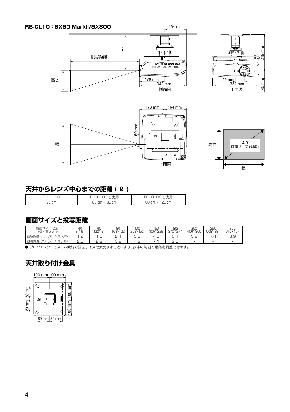 画面サイズと投写距離, 天井からレンズ中心までの距離 ( ℓ ), 天井取り付け金具 | Canon RS-CL07 User Manual | Page 5 / 86