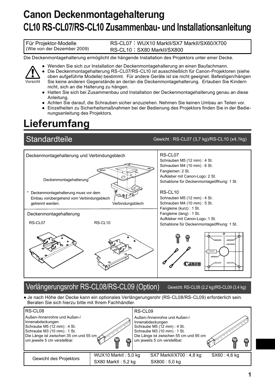 Lieferumfang, Standardteile, Verlängerungsrohr rs-cl08/rs-cl09 (option) | Canon RS-CL07 User Manual | Page 50 / 86