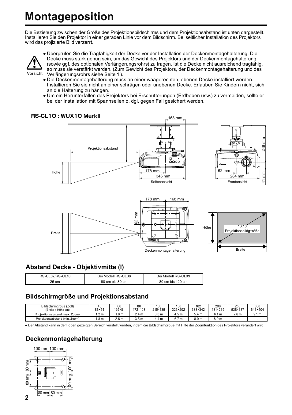 Montageposition, Abstand decke - objektivmitte (l), Bildschirmgröße und projektionsabstand | Deckenmontagehalterung | Canon RS-CL07 User Manual | Page 51 / 86