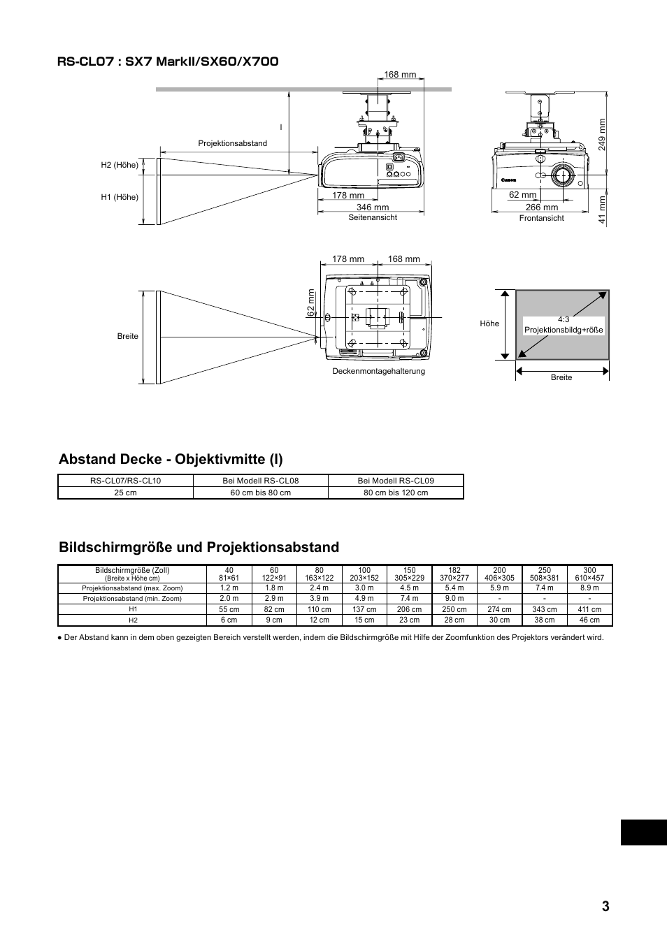 Abstand decke - objektivmitte (l), Bildschirmgröße und projektionsabstand | Canon RS-CL07 User Manual | Page 52 / 86