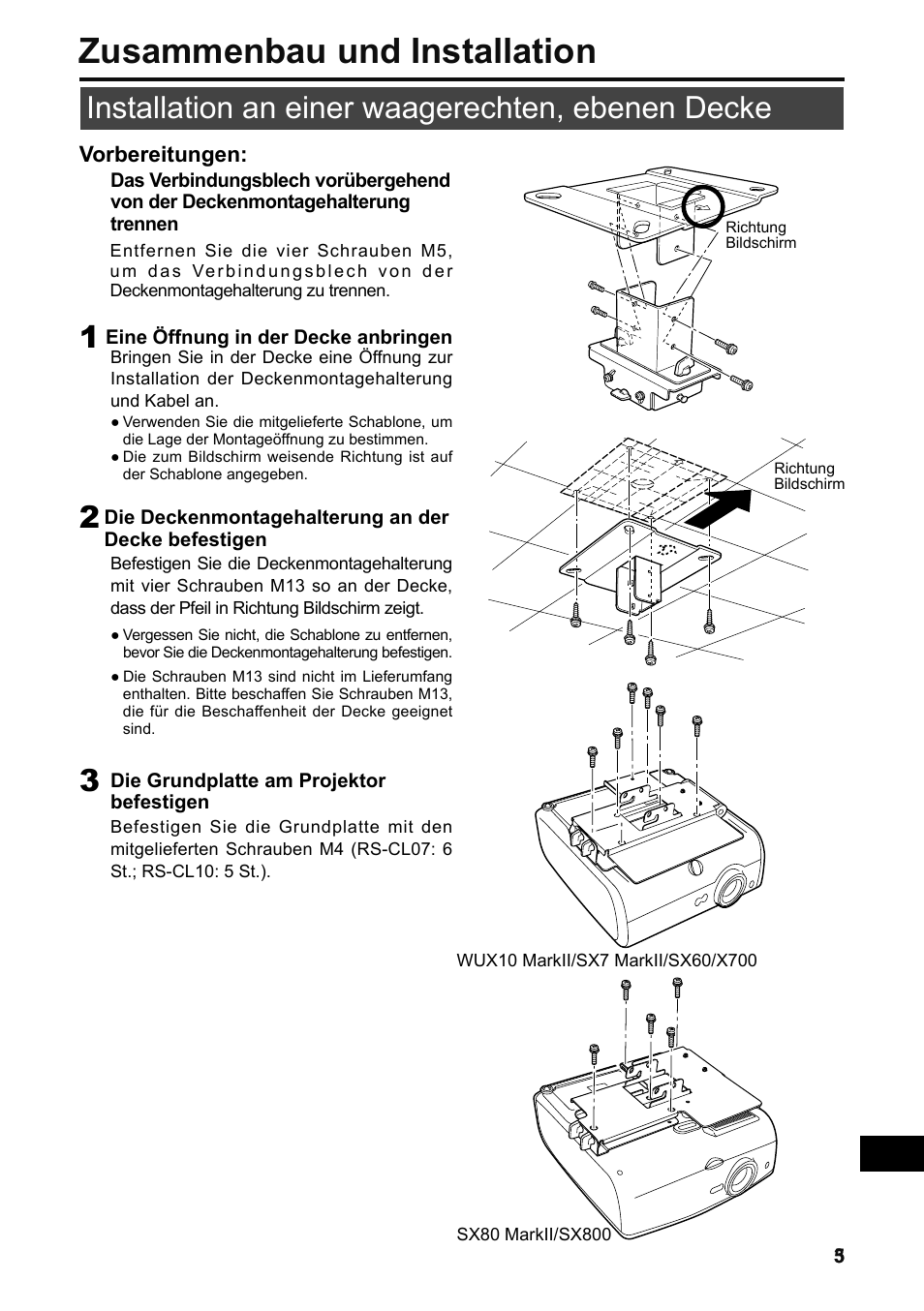 Zusammenbau und installation, Installation an einer waagerechten, ebenen decke | Canon RS-CL07 User Manual | Page 54 / 86