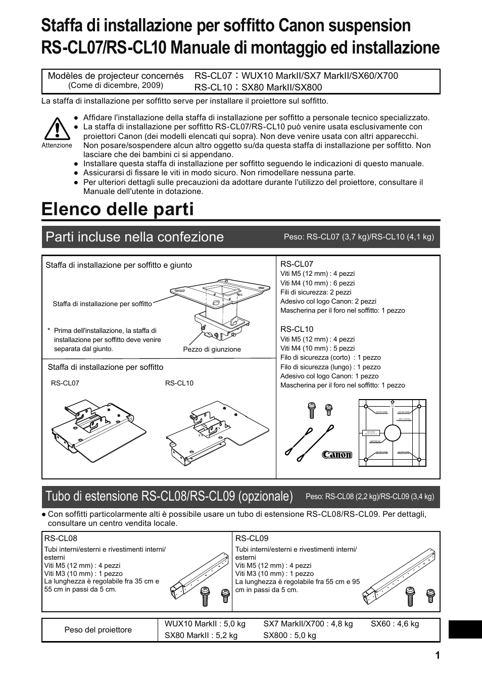 Elenco delle parti, Parti incluse nella confezione, Tubo di estensione rs-cl08/rs-cl09 (opzionale) | Canon RS-CL07 User Manual | Page 62 / 86