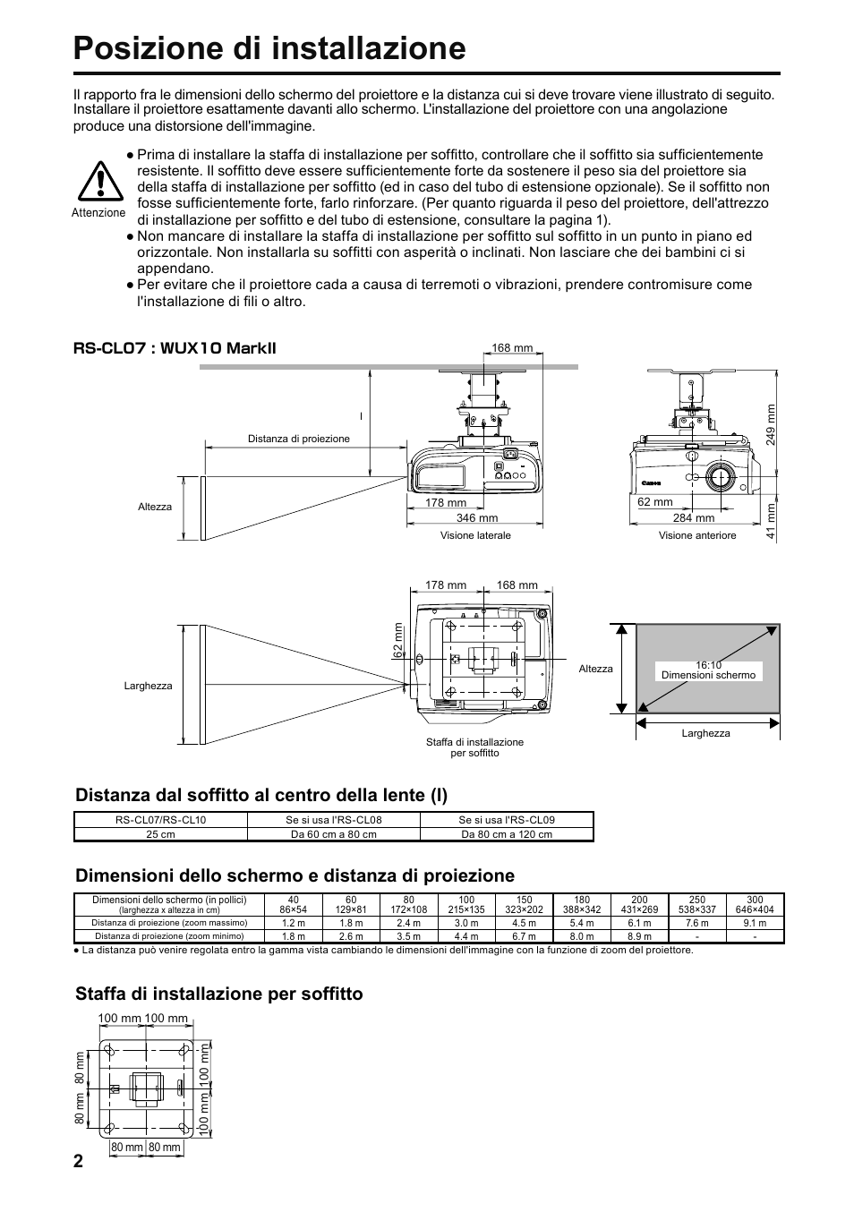 Posizione di installazione, Distanza dal soffitto al centro della lente (l), Dimensioni dello schermo e distanza di proiezione | Staffa di installazione per soffitto | Canon RS-CL07 User Manual | Page 63 / 86