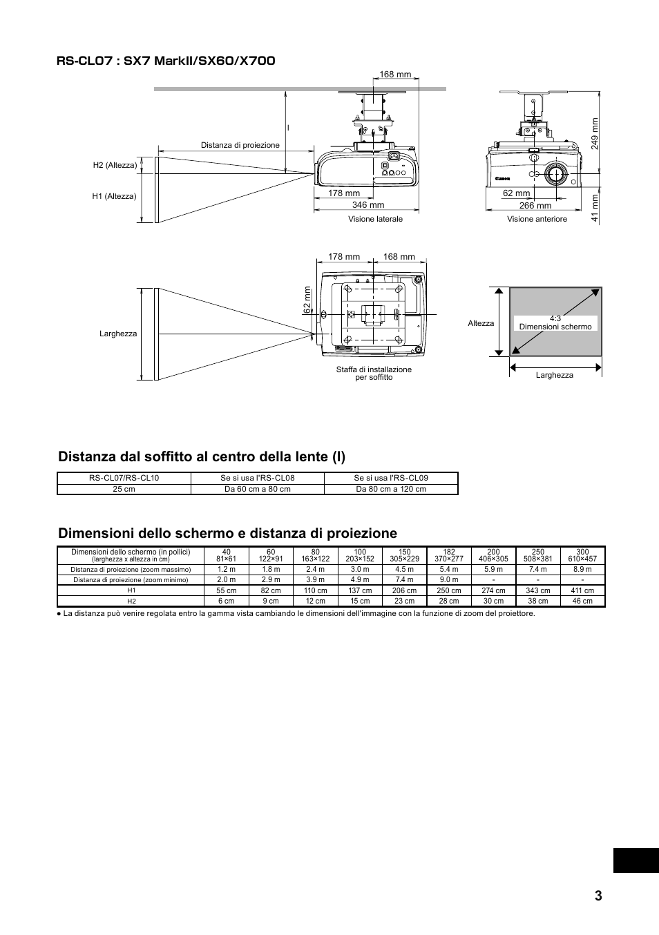 Distanza dal soffitto al centro della lente (l), Dimensioni dello schermo e distanza di proiezione | Canon RS-CL07 User Manual | Page 64 / 86