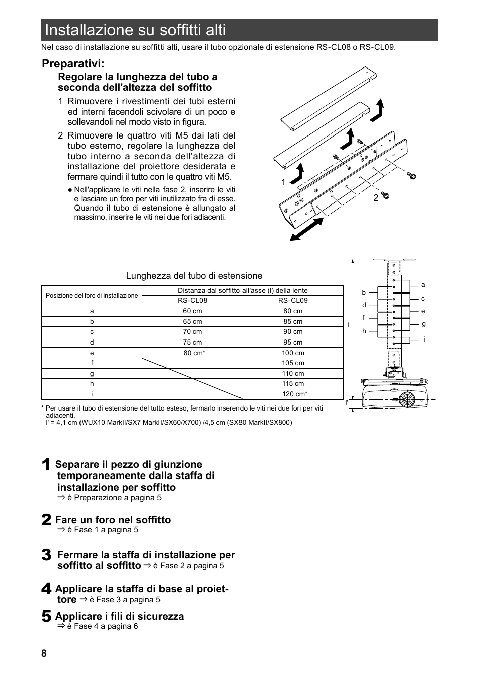 Installazione su soffitti alti, Preparativi, Fare un foro nel soffitto | Applicare la staffa di base al proiet- tore, Applicare i fili di sicurezza | Canon RS-CL07 User Manual | Page 69 / 86