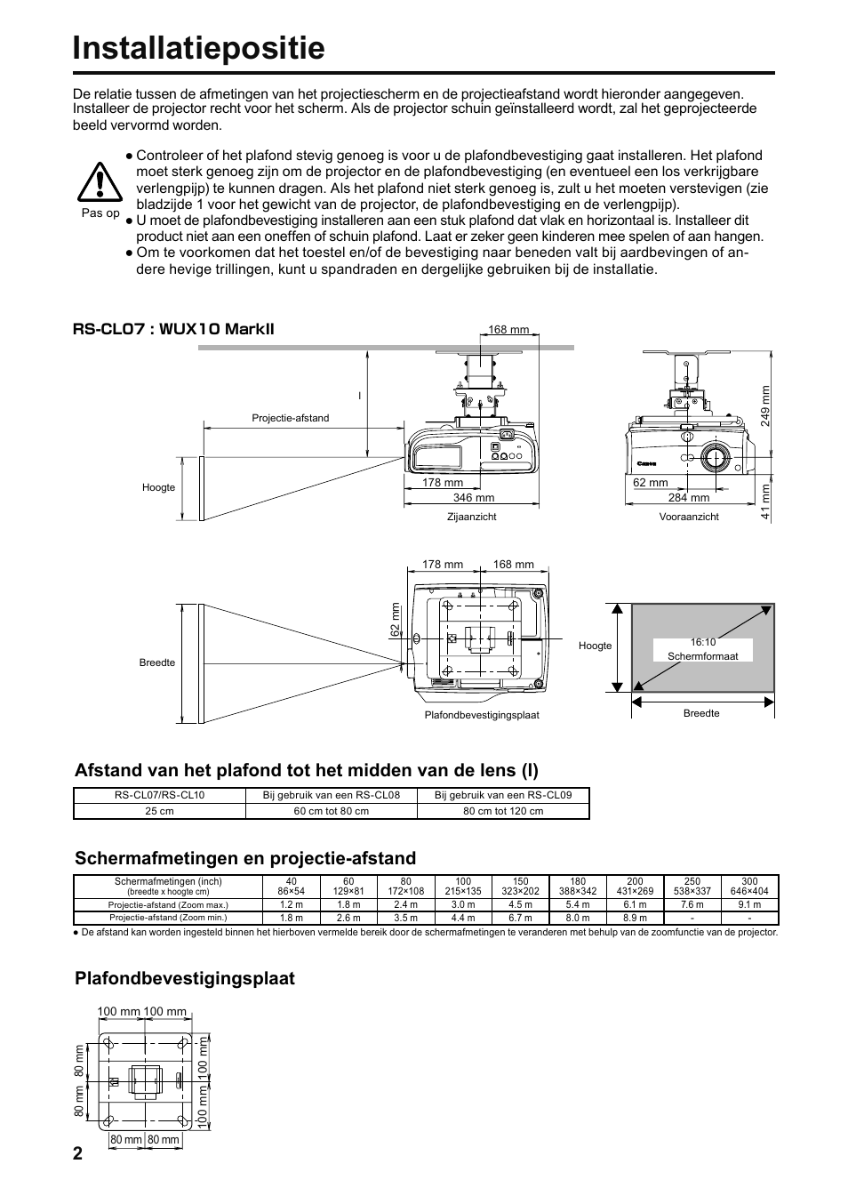 Installatiepositie, Schermafmetingen en projectie-afstand, Plafondbevestigingsplaat | Canon RS-CL07 User Manual | Page 75 / 86