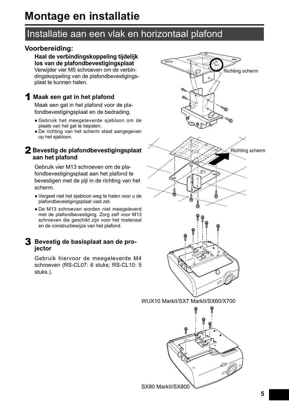 Montage en installatie, Installatie aan een vlak en horizontaal plafond | Canon RS-CL07 User Manual | Page 78 / 86